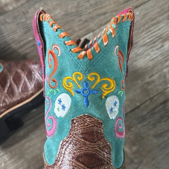 🌟Ariat 🌟Tombstone 🌟Brown Turquoise Skulls Cowboy Leather Boots Square Toe, 2