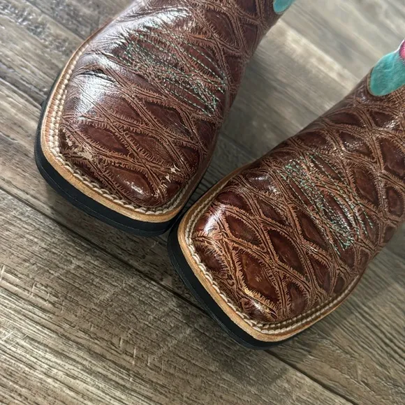 🌟Ariat 🌟Tombstone 🌟Brown Turquoise Skulls Cowboy Leather Boots Square Toe, 2