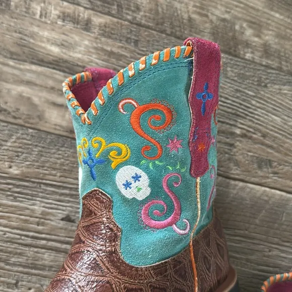🌟Ariat 🌟Tombstone 🌟Brown Turquoise Skulls Cowboy Leather Boots Square Toe, 2