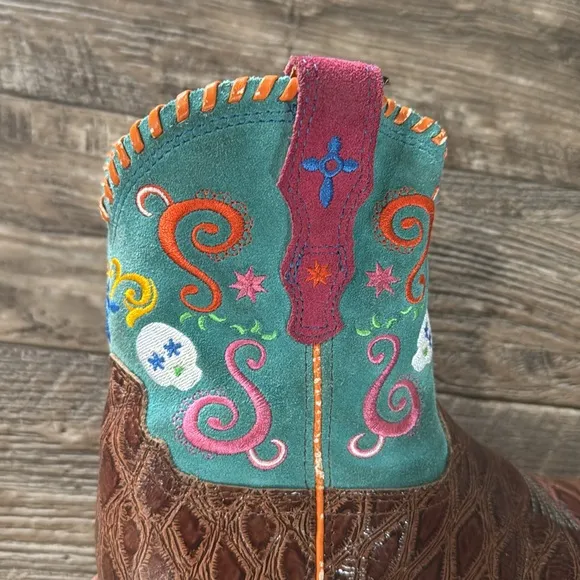 🌟Ariat 🌟Tombstone 🌟Brown Turquoise Skulls Cowboy Leather Boots Square Toe, 2