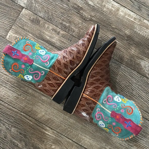 🌟Ariat 🌟Tombstone 🌟Brown Turquoise Skulls Cowboy Leather Boots Square Toe, 2