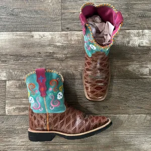 🌟Ariat 🌟Tombstone 🌟Brown Turquoise Skulls Cowboy Leather Boots Square Toe, 2