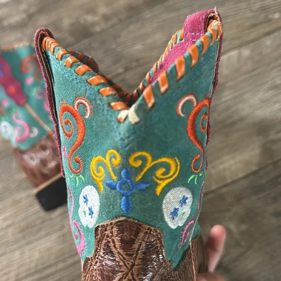 🌟Ariat 🌟Tombstone 🌟Brown Turquoise Skulls Cowboy Leather Boots Square Toe, 2