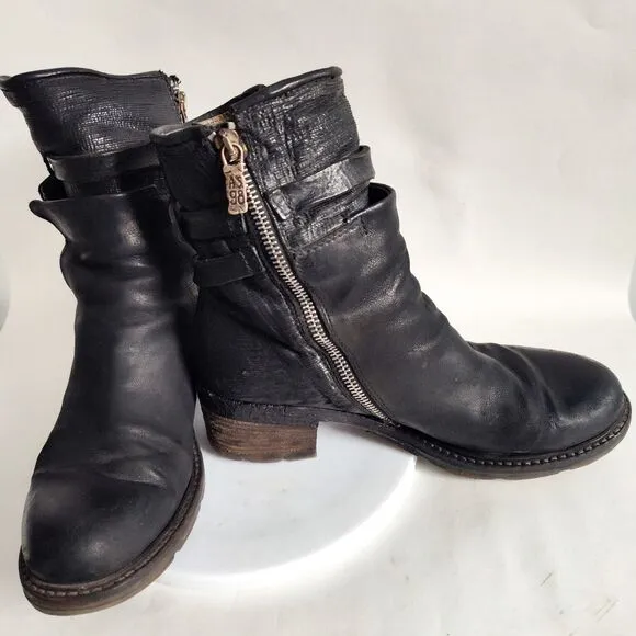 A.S 98 Airstep Italian Leather Black Moto Motorcycle Biker Boots Size 39 8.5 - 9