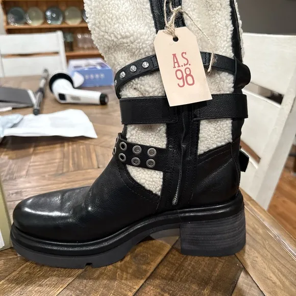 A.S.98 Black Combat Moto Boots with Buckle Straps