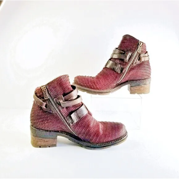 A.S.98 Maroon AIRSTEP Textured Leather Moto Boots Ankle Booties AS98 Sz 39 8.5 9