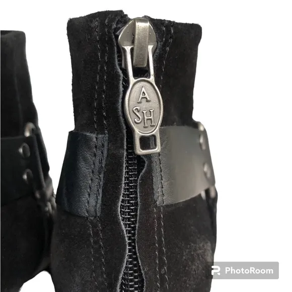 ASH Quartz Harness Black Suede Leather Heeled Ankle Boots Booties Women’s 37