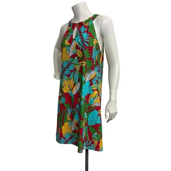 B Skinz Women's M Hawaiian Parrot Colorful Sleeveless Keyhole A-Line Dress Aloha
