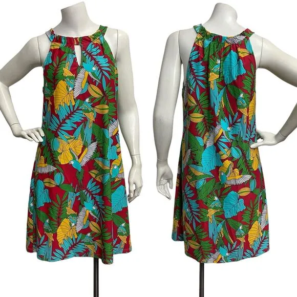 B Skinz Women's M Hawaiian Parrot Colorful Sleeveless Keyhole A-Line Dress Aloha