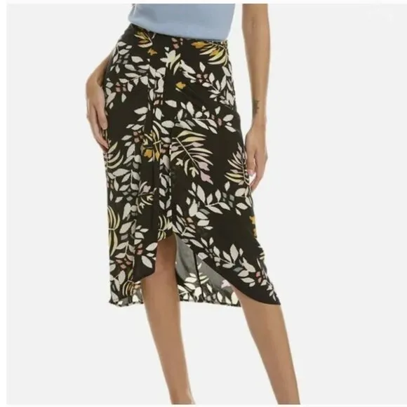 ba&amp;sh Womens Christo Midi Skirt Size 3 US 8 Asymmetric Hem Leaf Print Vi…