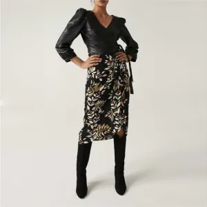 ba&amp;sh Womens Christo Midi Skirt Size 3 US 8 Asymmetric Hem Leaf Print Vi…