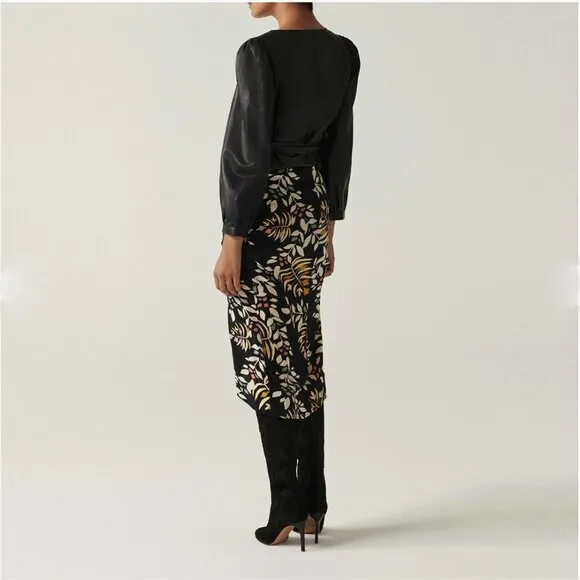 ba&amp;sh Womens Christo Midi Skirt Size 3 US 8 Asymmetric Hem Leaf Print Vi…