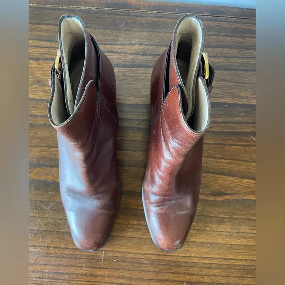 Bally, 8, designer brown leather women’s ankle boots with buckle and small heel