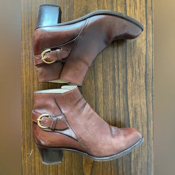 Bally, 8, designer brown leather women’s ankle boots with buckle and small heel