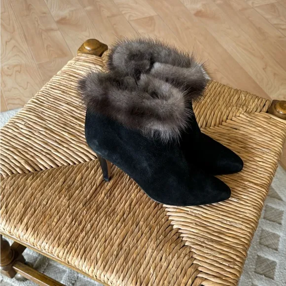 BALLY Black Leather Fur Trim Ankle Boots Made in Italy Designer Luxury Classic