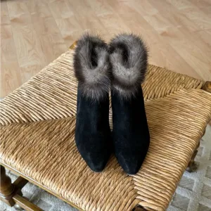 BALLY Black Leather Fur Trim Ankle Boots Made in Italy Designer Luxury Classic