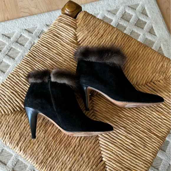 BALLY Black Leather Fur Trim Ankle Boots Made in Italy Designer Luxury Classic