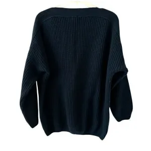 Batela Navy Blue Ribbed Merino Wool Oversized Dolman Boat Neck Sweater 46 - L