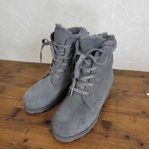 Bearpaw Krista Womens Ankle Boots Size 7 Gray Suede Lace Up High Wedge Heels NEW