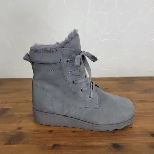 Bearpaw Krista Womens Ankle Boots Size 7 Gray Suede Lace Up High Wedge Heels NEW