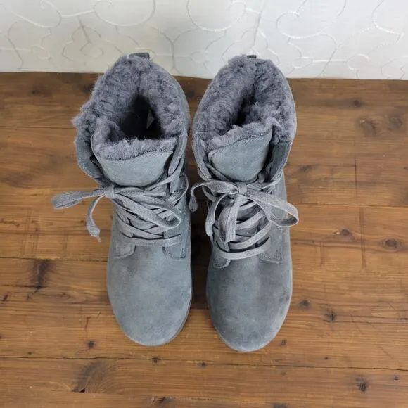 Bearpaw Krista Womens Ankle Boots Size 7 Gray Suede Lace Up High Wedge Heels NEW