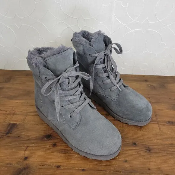 Bearpaw Krista Womens Ankle Boots Size 7 Gray Suede Lace Up High Wedge Heels NEW