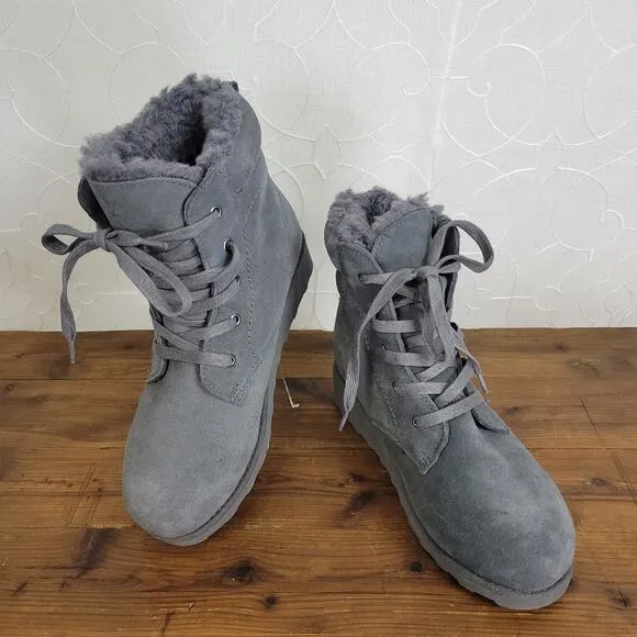 Bearpaw Krista Womens Ankle Boots Size 7 Gray Suede Lace Up High Wedge Heels NEW