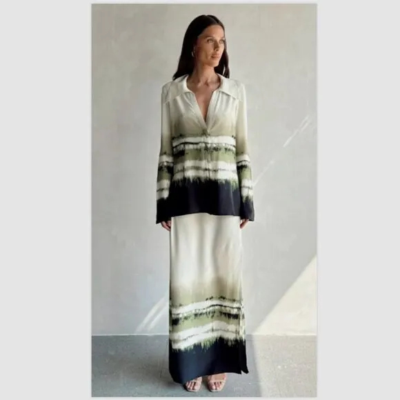 Bec   Bridge Riptide Maxi Skirt 100% Silk Tie Dye High-Waisted Boho Women US 4