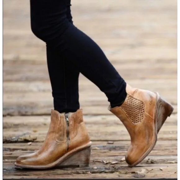 Bed Stu Countess Ankle Boots Wedges Leather Tan Distressed Size 6.5 Bootie