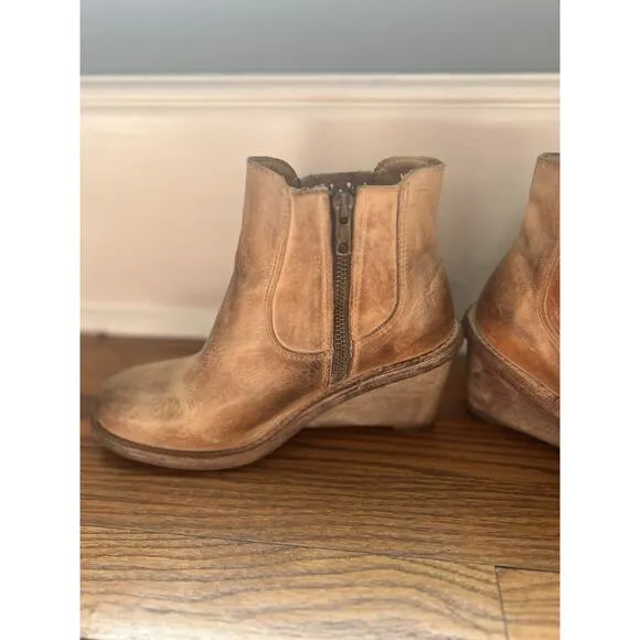 Bed Stu Countess Ankle Boots Wedges Leather Tan Distressed Size 6.5 Bootie