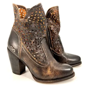 Bed|Stu Irma Laser Cut Leather Slouch Heeled Ankle Boots Teak/ BlackSz 7.5 US