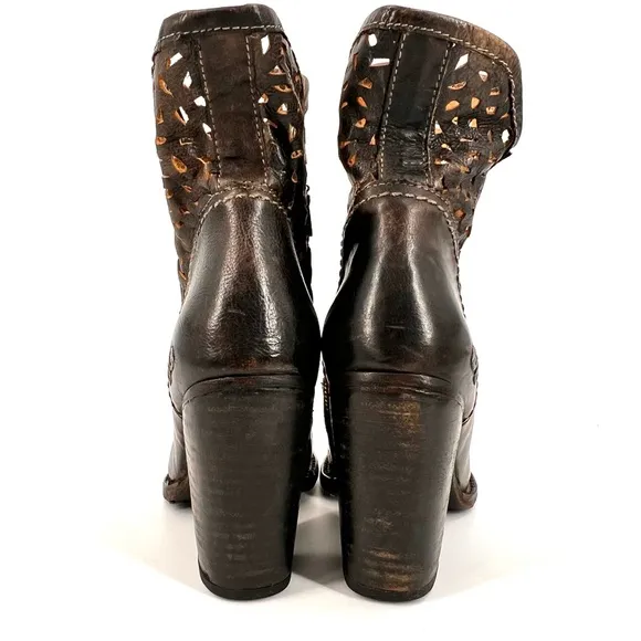 Bed|Stu Irma Laser Cut Leather Slouch Heeled Ankle Boots Teak/ BlackSz 7.5 US