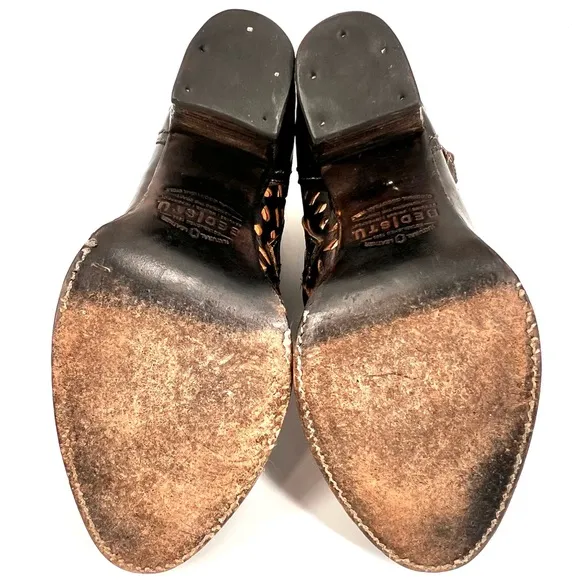 Bed|Stu Irma Laser Cut Leather Slouch Heeled Ankle Boots Teak/ BlackSz 7.5 US