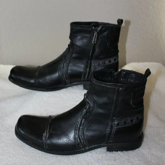 Bed|Stu Men's Black Leather Inner Zipper short Boots Size 10 Stitch detail
