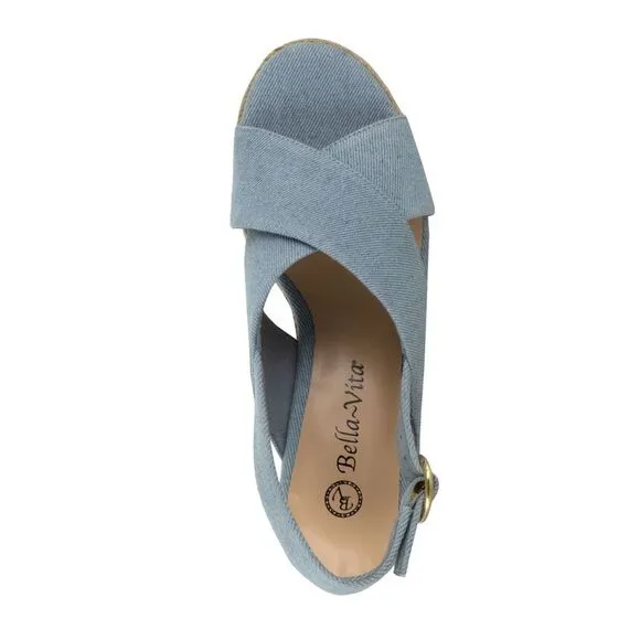 BELLA VITA Womens Blue Nadette Ii Round Toe Wedge Buckle Espadrille Shoes 6.5