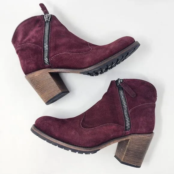 Belstaff Ankle Booties Women EU39/US9 Burgundy Suede Side Zip Stacked Heel Italy