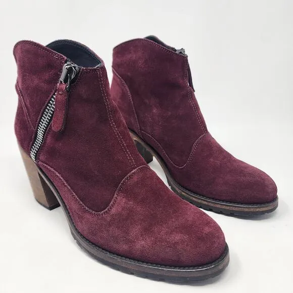 Belstaff Ankle Booties Women EU39/US9 Burgundy Suede Side Zip Stacked Heel Italy