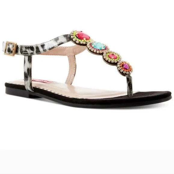 Betsey Johnson Black Animal Print Jeweled Thong Strap Sandals Size 7.5