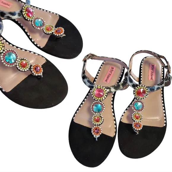Betsey Johnson Black Animal Print Jeweled Thong Strap Sandals Size 7.5