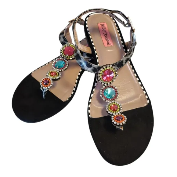 Betsey Johnson Black Animal Print Jeweled Thong Strap Sandals Size 7.5