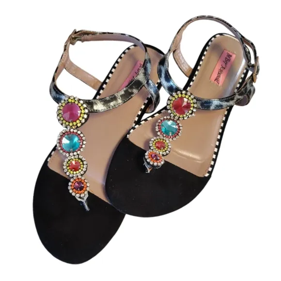Betsey Johnson Black Animal Print Jeweled Thong Strap Sandals Size 7.5