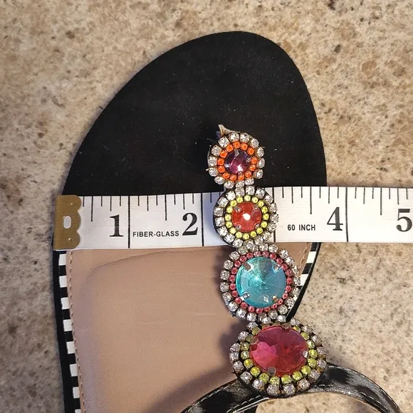 Betsey Johnson Black Animal Print Jeweled Thong Strap Sandals Size 7.5