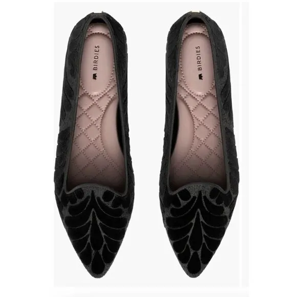 Birdies The Sparrow Embroidered Pointed Toe Flat Shoes Black Velvet  Women's 10