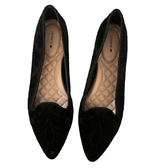 Birdies The Sparrow Embroidered Pointed Toe Flat Shoes Black Velvet  Women's 10