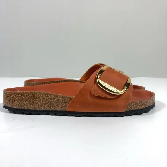 Birkenstock Madrid Big Buckle Slide Sandals Oiled Leather Burnt Orange NEW