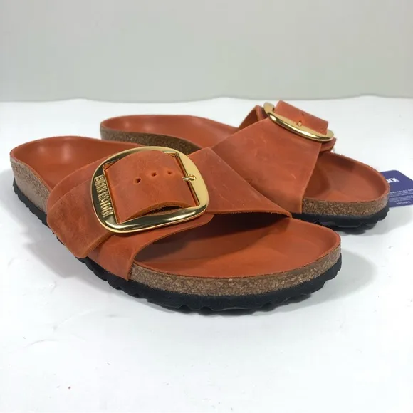 Birkenstock Madrid Big Buckle Slide Sandals Oiled Leather Burnt Orange NEW