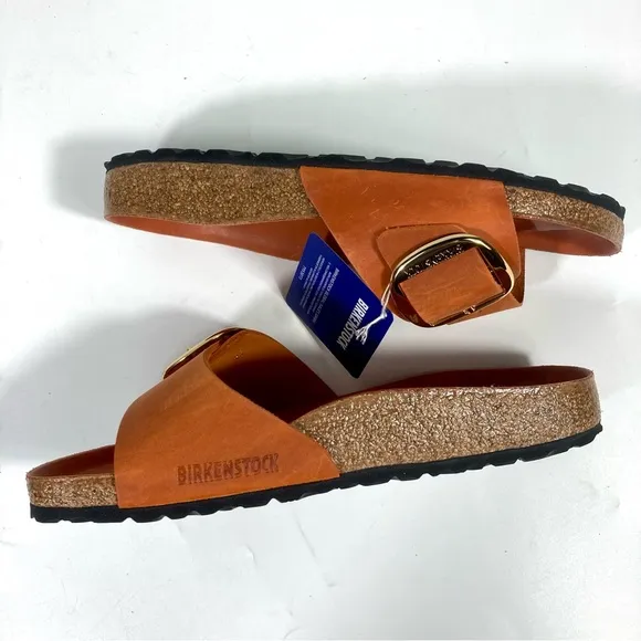 Birkenstock Madrid Big Buckle Slide Sandals Oiled Leather Burnt Orange NEW