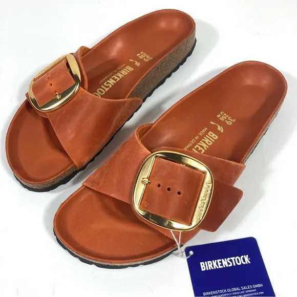 Birkenstock Madrid Big Buckle Slide Sandals Oiled Leather Burnt Orange NEW