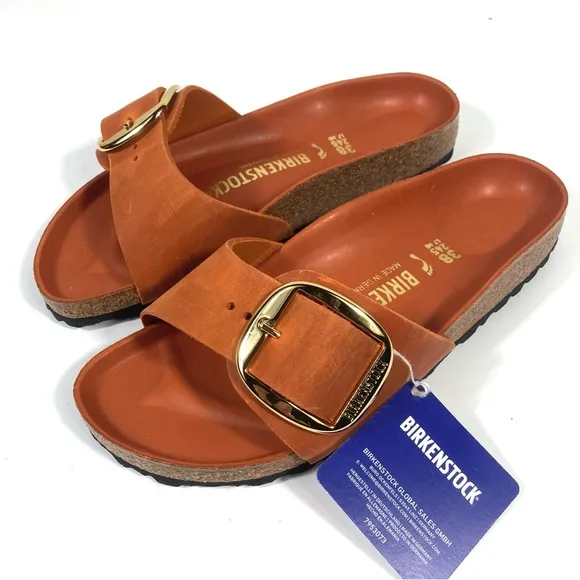 Birkenstock Madrid Big Buckle Slide Sandals Oiled Leather Burnt Orange NEW