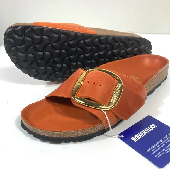 Birkenstock Madrid Big Buckle Slide Sandals Oiled Leather Burnt Orange NEW